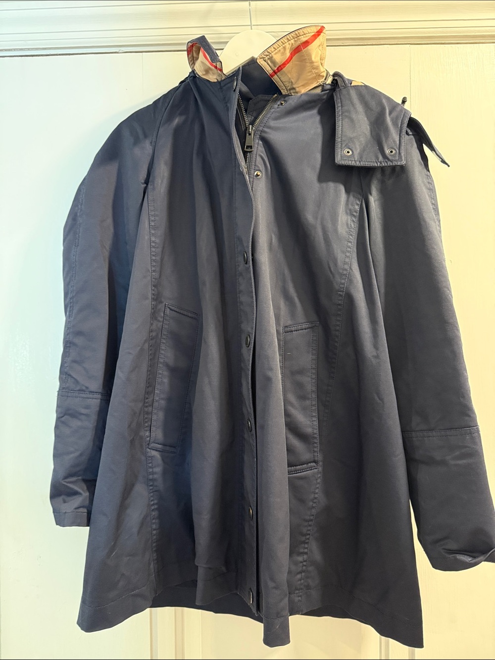 Burberry Navy Trench Coat with Contrast Check Collar